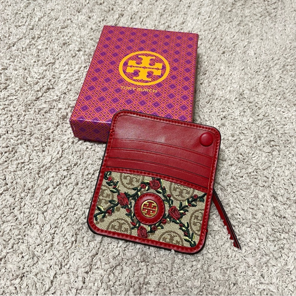 !SOLD!  Tory Burch Rose Embroidered Card Holder